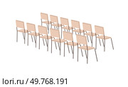 Rows of beige chairs with black legs in a neat arrangement. Ideal for educational settings, conferences, meeting rooms, seminars and training sessions. Clean lines and minimal style. Neatly Arranged Classroom or Conference Chairs in Simple Design. Стоковая иллюстрация, агентство Ingram Publishing / Фотобанк Лори