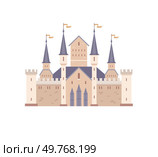 A beige castle with four tall spires adorned with flags, surrounded by sturdy walls and towers. Ideal for fantasy, architecture, history, medieval themes, storytelling, and fairytales. Vector art. Majestic Medieval Castle with Towering Spires and Flags. Стоковая иллюстрация, агентство Ingram Publishing / Фотобанк Лори