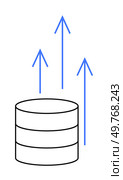 A cylindrical data storage symbol with three blue arrows pointing upward. Ideal for data, storage, transfer, technology, computing.. Data Storage Sending Information Upward with Three Blue Arrows. Стоковая иллюстрация, агентство Ingram Publishing / Фотобанк Лори