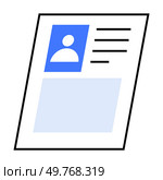 A page layout with a profile icon, text lines, and a larger blank section at the bottom. Ideal for user profiles, resumes, social media, business cards, and ID cards. Clean, modern, minimalist.. Simple Document Layout with Profile Icon and Text Blocks in Minimalist Blue and White Design. Стоковая иллюстрация, агентство Ingram Publishing / Фотобанк Лори