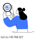 Woman holding a magnifying glass over a document. Ideal for recruitment, job search, business analysis, research, and verification themes. Flat design style.. Woman Examining Document with Magnifying Glass Recruitment, Job Search, Business Analysis Concept. Стоковая иллюстрация, агентство Ingram Publishing / Фотобанк Лори