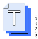 Simple design of two overlapping blue and white pages with a large letter T, Ideal for document processing, text editing software, file management apps, office applications, educational tools. Minim. Blue and White Document Icon with Large Letter T on Double Page Design in Minimalist Style. Стоковая иллюстрация, агентство Ingram Publishing / Фотобанк Лори
