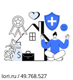 Person meditating in front of a house, surrounded by icons of health, money, achievement, and happiness. Ideal for health, wealth, wellness, home life, mindfulness. Minimalist, clean, modern. Health, Wealth, and Wellness Finding Balance at Home. Стоковая иллюстрация, агентство Ingram Publishing / Фотобанк Лори