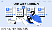 A hiring manager evaluates multiple job applications, symbolized by resumes with star ratings. Suitability is indicated by an approved checkmark. Ideal for HR, recruitment, job search, candidate. We Are Hiring Concept with Employment Applications, a Hiring Manager, and Approval Mark. Стоковая иллюстрация, агентство Ingram Publishing / Фотобанк Лори