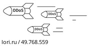 Three missiles labelled DDoS to represent cyberattacks. Ideal for cybersecurity awareness, network protection, IT risk management, cyber threats, online security. Simple line art, minimalistic style. Cyberattack Threat Represented by DDoS as Incoming Missiles Concept Illustration. Стоковая иллюстрация, агентство Ingram Publishing / Фотобанк Лори