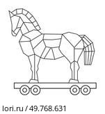 A geometric black and white drawing of a Trojan horse on a wheeled platform. Ideal for history, education, mythology, warfare, deception, ancient Greece. Simple vector style.. Geometric Black and White Trojan Horse on Wheels. Стоковая иллюстрация, агентство Ingram Publishing / Фотобанк Лори