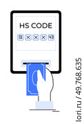A hand holding a bill inserting it into a machine displaying a HS code. Ideal for customs, trade regulations, import export, logistics, and financial transactions. Minimalist vector style.. Hand Entering Currency into a Machine with HS Code Display. Стоковая иллюстрация, агентство Ingram Publishing / Фотобанк Лори