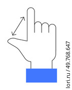 Simplistic line art showing a hand with a pinch-to-zoom gesture, indicated by a double-headed arrow. Ideal for touchscreens, user interfaces, mobile devices, instructions, tutorials. Digital clean sty. Hand Gesture Indicating a Vertical Pinch-to-Zoom Gesture with Directional Arrow. Стоковая иллюстрация, агентство Ingram Publishing / Фотобанк Лори