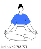 The image depicts a woman sitting cross-legged in a yoga pose, meditating with eyes closed. She has a top bun, wears a blue top and white pants. Ideal for yoga, meditation, mindfulness, relaxation. Woman in Yoga Pose with Blue Top Meditating in a Cross-legged Position. Стоковая иллюстрация, агентство Ingram Publishing / Фотобанк Лори
