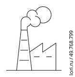 Simple line art of a factory with a tall chimneystack releasing visible smoke. Ideal for clean design, industry, pollution awareness, environmental themes, and urban landscapes. Black and white, vecto. Minimalist Factory with Smokestack Emitting Smoke Line Art. Стоковая иллюстрация, агентство Ingram Publishing / Фотобанк Лори
