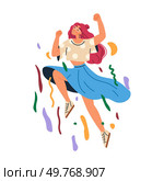 A cheerful woman with pink hair, a white polka-dotted top, and a blue skirt jumps with joy while surrounded by colorful confetti. Ideal for themes about happiness, celebration, youthful energy. Joyful Woman Celebrating with Colorful Confetti in the Air. Стоковая иллюстрация, агентство Ingram Publishing / Фотобанк Лори