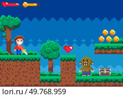 An 8-bit pixel art scene of a video game features a character, a monster, trees, hearts, coins, and a treasure chest. Ideal for retro gaming, pixel art, adventure games, 2D platformers, and digital. Retro Pixel Art Game with Character, Monster, and Collectibles in Forest Setting. Стоковая иллюстрация, агентство Ingram Publishing / Фотобанк Лори