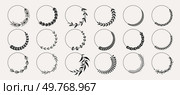 Black and white vector designs of circular wreaths with various leaf patterns. Ideal for nature themes logos wedding invitations decorations and eco-friendly products. Simple elegant style. Collection of Elegant Circular Wreaths with Leaf Designs in Black and White Vector Style. Стоковая иллюстрация, агентство Ingram Publishing / Фотобанк Лори