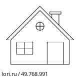 Black-and-white line drawing of a house with a triangular roof, square window, circular attic window, door, and chimney. Ideal for architecture, home design, kids coloring, minimalism, vector art.. Simple Line Drawing of a House with Four-Pane Window and Chimney. Стоковая иллюстрация, агентство Ingram Publishing / Фотобанк Лори