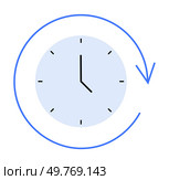 Simple clock with a single hand pointing upwards surrounded by a blue circular arrow. Ideal for time management, scheduling, continuous improvement, deadlines, and efficiency themes. Minimalist, modern vector style.. Clock with Circular Arrow Indicating Time and Continuity. Стоковая иллюстрация, агентство Ingram Publishing / Фотобанк Лори