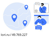 Blue map with location pins, video call, person with cash back card. Ideal for remote work, online communication, global connectivity, customer rewards, digital transactions. Minimalist modern style. Connection and Communication in a Globalized World with Cashback Concepts. Стоковая иллюстрация, агентство Ingram Publishing / Фотобанк Лори