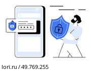 A person holding a shield with a lock and a smartphone displaying a password prompt. Ideal for cyber security, digital safety, online privacy, mobile protection, authentication. Digital Security and Mobile Protection with Character Holding Shield. Стоковая иллюстрация, агентство Ingram Publishing / Фотобанк Лори