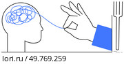 Black and white image with blue highlights. Hand untangling blue thread in brain next to a fork. Ideal for mental health, creativity, problem-solving, clarity, cognitive therapy. Minimalistic vector. Unwinding the Mind A Hand Untangles a Brain Spaghetti Next to a Fork. Стоковая иллюстрация, агентство Ingram Publishing / Фотобанк Лори