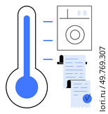 Thermometer indicating temperature next to an electric appliance and a receipt being printed. Ideal for energy efficiency, appliance management, temperature monitoring, utility billing, household. Temperature Control and Management with Devices and Documentation. Стоковая иллюстрация, агентство Ingram Publishing / Фотобанк Лори