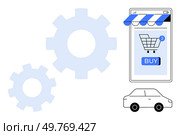 A smartphone screen showcasing a shopping cart with 3 notifications and a Buy button under an awning. Nearby are two blue gears symbolizing automation and a simple car outline. Ideal for e-commerce. Online Shopping with Delivery and Automation Concept. Стоковая иллюстрация, агентство Ingram Publishing / Фотобанк Лори