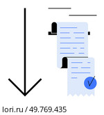 A blue receipt with a check mark and a large downward arrow indicating completion or approval. Ideal for financial transactions, record-keeping, payment confirmation, accounting, and bookkeeping. Receipt with Check Mark and Downward Arrow Indicating Transaction Completion or Approval. Стоковая иллюстрация, агентство Ingram Publishing / Фотобанк Лори
