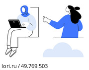 Two women are involved in online activities, with one using a laptop and the other pointing. Both wear modest clothing. Ideal for technology remote work collaboration diversity education digital. Two Women Engaging in Online Activities with Laptops and a Cloud Illustration. Стоковая иллюстрация, агентство Ingram Publishing / Фотобанк Лори