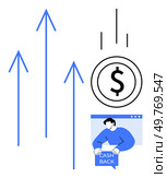 Depicts rising arrows, dollar sign, and person holding cashback billboard. Ideal for financial growth, investment returns, savings, economic prosperity, and cashback rewards. Clean and minimal style. Financial Growth and Cash Back Concept with Rising Arrows and Dollar Sign. Стоковая иллюстрация, агентство Ingram Publishing / Фотобанк Лори