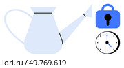 A simple blue watering can with a spout is next to a blue padlock and an analog clock. Ideal for themes of gardening, security, time management, scheduling, and organization. Minimalist style. Blue Watering Can with Lock and Clock Illustrations. Стоковая иллюстрация, агентство Ingram Publishing / Фотобанк Лори