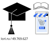 Cap with tassel, open book, and smartphone with shopping cart Buy button. Ideal for education, graduation, e-commerce, online learning, digital shopping. Minimalist, modern, clean. Graduation Cap and Online Shopping Cart with Open Book Outline Education and E-Commerce Themes. Стоковая иллюстрация, агентство Ingram Publishing / Фотобанк Лори