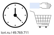 Black clock, a shopping cart, and a hand icon, representing efficient time management in shopping. Ideal for business, retail, online shopping, productivity, and time management themes. Minimalistic. Shopping Time Management Vector with Clock, Shopping Cart, and Hand Icon for Business Efficiency. Стоковая иллюстрация, агентство Ingram Publishing / Фотобанк Лори
