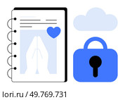 A notebook with praying hands symbol, a blue heart, and a blue lock below a cloud. Ideal for online security, digital privacy, faith-based notes, personal journal protection, and technology. Digital Privacy and Security with Cloud Lock and Notebook with Praying Hands. Стоковая иллюстрация, агентство Ingram Publishing / Фотобанк Лори