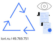 Blue recycling triangle with arrows, a checklist on paper with a seal, and an eye symbol above. Ideal for sustainability, efficiency, documentation, certification, and eco-friendliness. Simple. Blue Recycling Triangle with Document and Eye Symbol. Стоковая иллюстрация, агентство Ingram Publishing / Фотобанк Лори