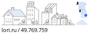 Solar-panel-equipped homes and skyscrapers. Cloud and contract with checklist icon signify renewable energy. Ideal for environmental sustainability, green energy, urban planning, modern housing. Solar-Powered Urban Buildings with Contracts and Checklist. Стоковая иллюстрация, агентство Ingram Publishing / Фотобанк Лори