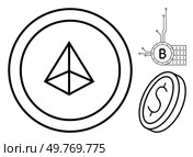 Three digital currency symbols are illustrated a geometric shape on a coin representing smart contract, a dollar sign on another coin, and a Bitcoin symbol with connected lines. Ideal for financial. Digital Cryptocurrency Symbols Representing Bitcoin, smart contract and Dollar Tokens in Line Art Style. Стоковая иллюстрация, агентство Ingram Publishing / Фотобанк Лори