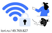 Secured wireless symbol with a padlock, a person pointing in discussion, and a bug indicating troubleshooting or malware issues. Ideal for cybersecurity, tech support, network security, online. Secured wireless with Tech Support and Bug Troubleshooting Visual. Стоковая иллюстрация, агентство Ingram Publishing / Фотобанк Лори