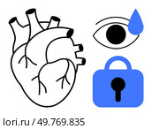 Anatomical heart on the left, tearful eye above a lock on the right. Ideal for emotions, protection, love, sadness, health. Symbolic Heart with Tearful Eye and Lock Imagery Representing Emotions and Security. Стоковая иллюстрация, агентство Ingram Publishing / Фотобанк Лори