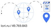 A globe with location markers connected by dashed lines and a mobile shopping cart button. Ideal for global business, e-commerce, internet shopping, geolocation, digital marketing, and logistics. Global E-Commerce Network with Geolocation Points and Online Shopping Platform for Worldwide Transactions. Стоковая иллюстрация, агентство Ingram Publishing / Фотобанк Лори