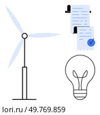Wind turbine, receipt, and lightbulb. Ideal for renewable energy, sustainability, eco-friendly practices, efficient billing, clean technology. Simple and modern style. Renewable Energy and Efficient Billing Concept with Wind Turbine, Receipt, and Lightbulb. Стоковая иллюстрация, агентство Ingram Publishing / Фотобанк Лори