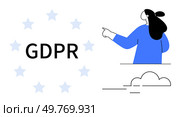 Person pointing to the word GDPR surrounded by stars with cloud elements. Ideal for explaining data privacy, GDPR compliance, digital security, information governance, and European regulations. GDPR Concept with Person Pointing at General Data Protection Regulation Text Surrounded by Stars. Стоковая иллюстрация, агентство Ingram Publishing / Фотобанк Лори
