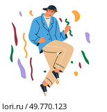 Celebration concept. A man wearing a blue jacket and cap dances joyfully, surrounded by colorful confetti and abstract shapes. Ideal for festivities, parties, joy, entertainment, and youth culture. Man Dancing in Joy Surrounded by Confetti and Colorful Shapes. Стоковая иллюстрация, агентство Ingram Publishing / Фотобанк Лори