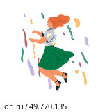 Celebration concept. A woman with red hair in a floral shirt and green skirt dances joyfully amidst colorful confetti and streamers. Ideal for party invitations holiday greetings dance events joyful. Joyful Woman Dancing Amidst Confetti and Streamers. Стоковая иллюстрация, агентство Ingram Publishing / Фотобанк Лори