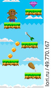 Pixel art with a character jumping on grass platforms, collecting coins, a gem, a piece of meat, and dodging an arrow. Ideal for retro-themed games, pixel art design, adventure, collectible items. Video Game Character Jumping on Floating Platforms with Collectible Items. Стоковая иллюстрация, агентство Ingram Publishing / Фотобанк Лори