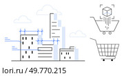 Line art depicting urban buildings construction on the left with superimposed blueprints and two shopping carts and a cube on the right. Ideal for architecture, urban planning, e-commerce. Modern Urban Development and E-commerce Integration in a Digital Age. Стоковая иллюстрация, агентство Ingram Publishing / Фотобанк Лори