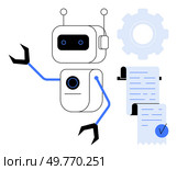 A robot with antennae and mechanical arms beside a gear and documents. Ideal for technology automation efficiency management robotics workplace futuristic digital solutions educational material. Friendly Robot Interacting with Documents and Settings Gear for Efficiency and Management. Стоковая иллюстрация, агентство Ingram Publishing / Фотобанк Лори