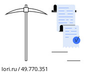A pickaxe and two documents with a blue check mark on a plain background show tools and contracts. Ideal for mining, contracts, legal agreements, business deals, documentation, and minimalist design. Mining Equipment and Contract Documents in Minimalist Design for Legal or Business Themes. Стоковая иллюстрация, агентство Ingram Publishing / Фотобанк Лори