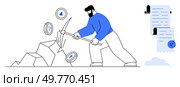 Man in blue shirt mining cryptocurrency with pickaxe while digital contract scrolls nearby. Ideal for blockchain, cryptocurrency, finance, digital contracts, fintech. Man Mining Cryptocurrency with Pickaxe and Digital Contract. Стоковая иллюстрация, агентство Ingram Publishing / Фотобанк Лори