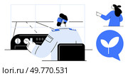 A pilot wearing a VR headset is seated in the cockpit, operating flight controls. Complementary elements include a person gesturing towards something and a leaf symbol indicating growth or. Modern Pilot in Cockpit with Nature and Communication Elements. Стоковая иллюстрация, агентство Ingram Publishing / Фотобанк Лори