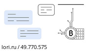 Bitcoin graphic with circuit lines and two blue text boxes with lines of text indicate communication and digital finance. Simple black lines and text filled bubble in white. Ideal for cryptocurrency. Blockchain Technology Communication with Text Boxes and Bitcoin Graphic. Стоковая иллюстрация, агентство Ingram Publishing / Фотобанк Лори