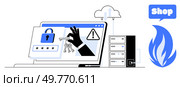 Laptop screen showing a hand holding keys, lock icon and warning symbol with server rack and cloud. Ideal for cybersecurity, data protection, cloud computing, e-commerce security, and online threats. Cybersecurity Threats and Data Protection with Cloud Computing and Online Shopping Security. Стоковая иллюстрация, агентство Ingram Publishing / Фотобанк Лори