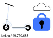 Electric scooter, cloud icon, and large padlock symbol. Ideal for urban mobility, technology, security, cloud storage, and modern commuting. Simple, clean, vector style. Potential themes of. Electric Scooter with Cloud Security Lock System for Urban Transportation. Стоковая иллюстрация, агентство Ingram Publishing / Фотобанк Лори